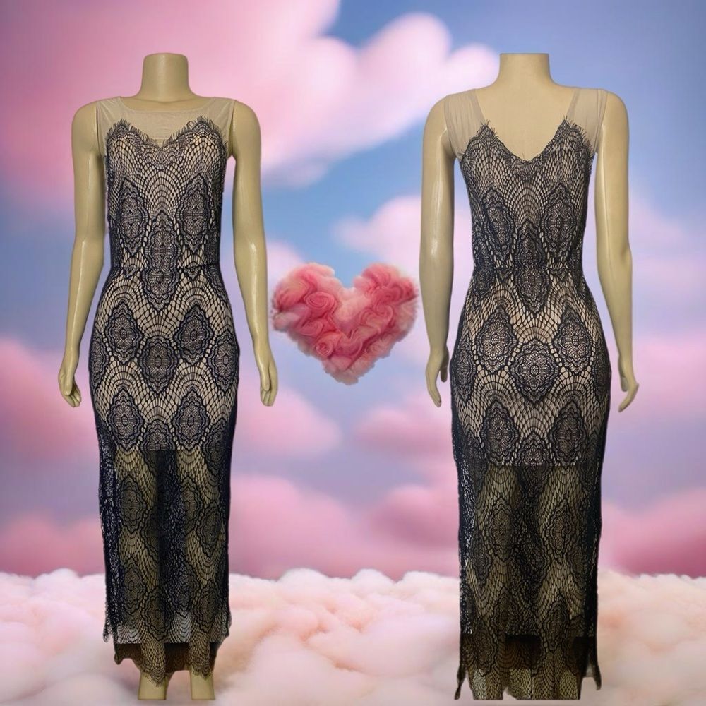 ❤️SOLD🎉Poetry Nude Mesh Black Lace Stretchy Maxi Dress Size Medium - Picture 9 of 9